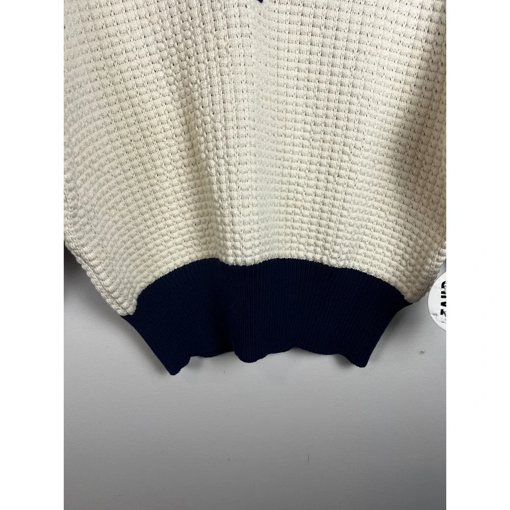 STAUD Altea Cream Navy Waffle Knit Polo Sweater Size L‎ NWT